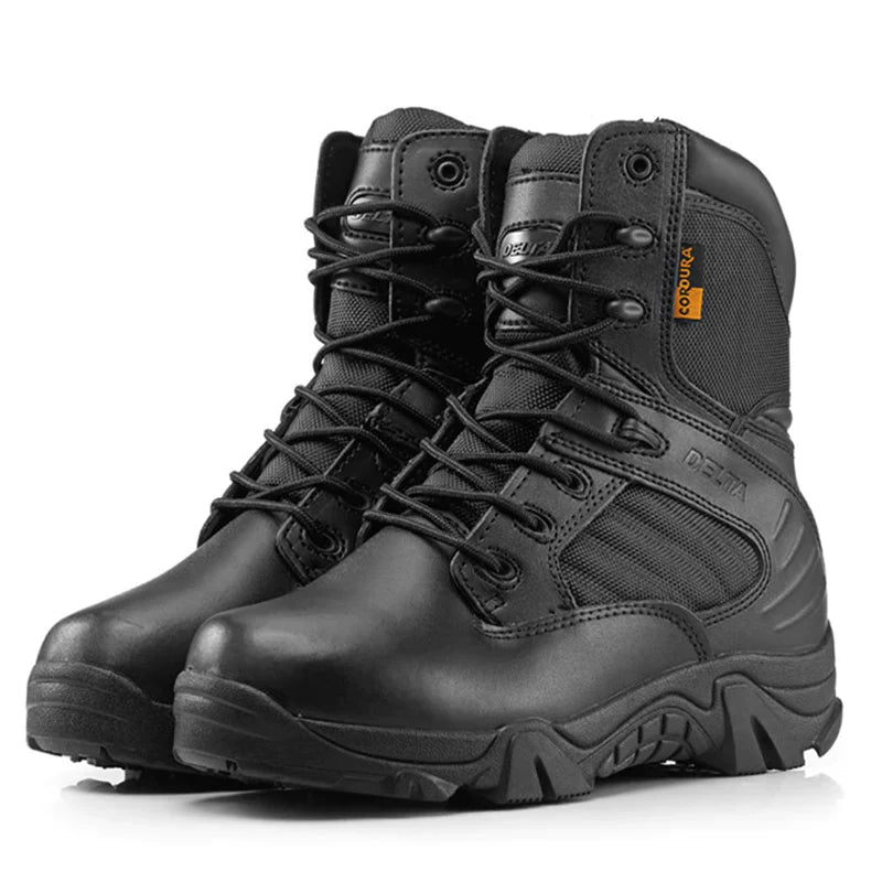 Men's black tactical combat boots, waterproof, durable, perfect for outdoor adventures & hiking