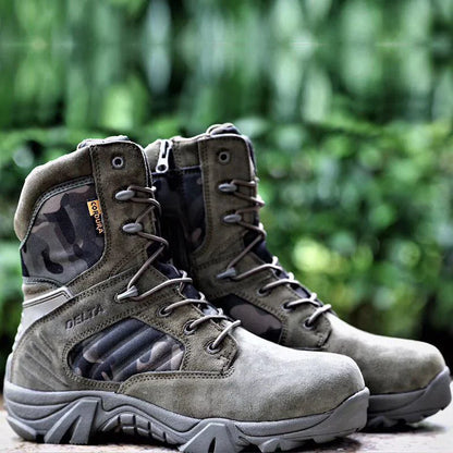 Front view of black leather combat boots for men, offering durability and protection for outdoor use