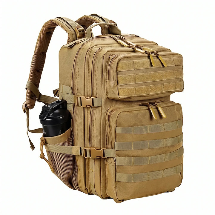 Spacious men's tactical backpack interior, showing capacity for hiking, camping, and outdoor adventure essentials.