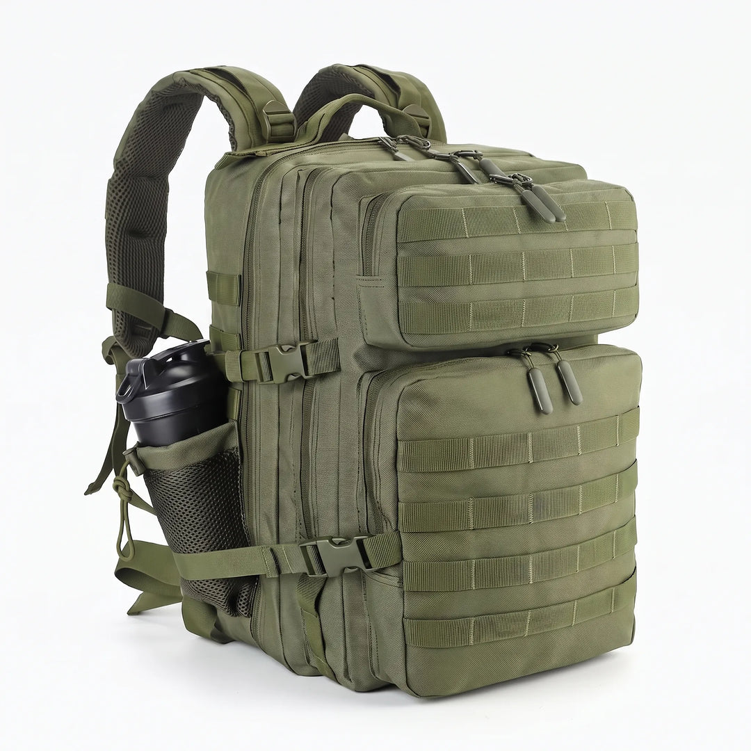 Black men's tactical backpack, a durable travel pack for hiking, camping, and extreme outdoor adventures.