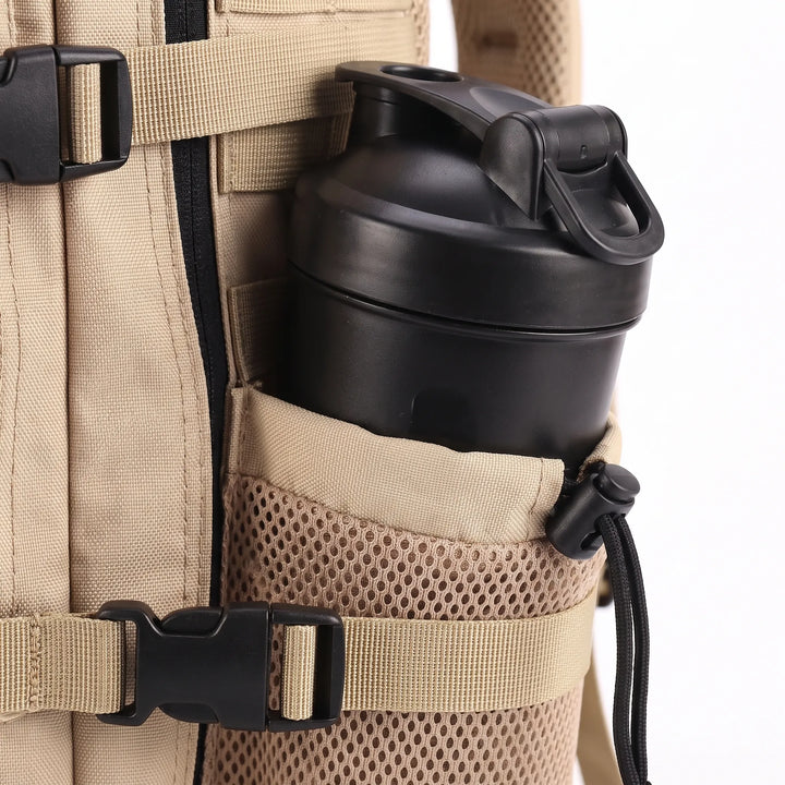 Back of a men's ergonomic hiking backpack, showing padded shoulder straps & waist belt for comfortable outdoor gear carry.