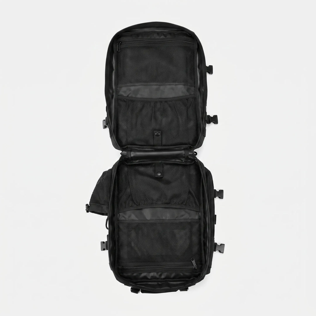 Close-up of MOLLE webbing on a men's tactical backpack, ready for modular attachments & outdoor adventure gear.