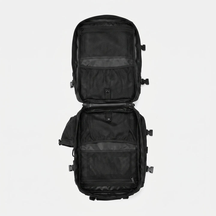 Close-up of MOLLE webbing on a men's tactical backpack, ready for modular attachments & outdoor adventure gear.