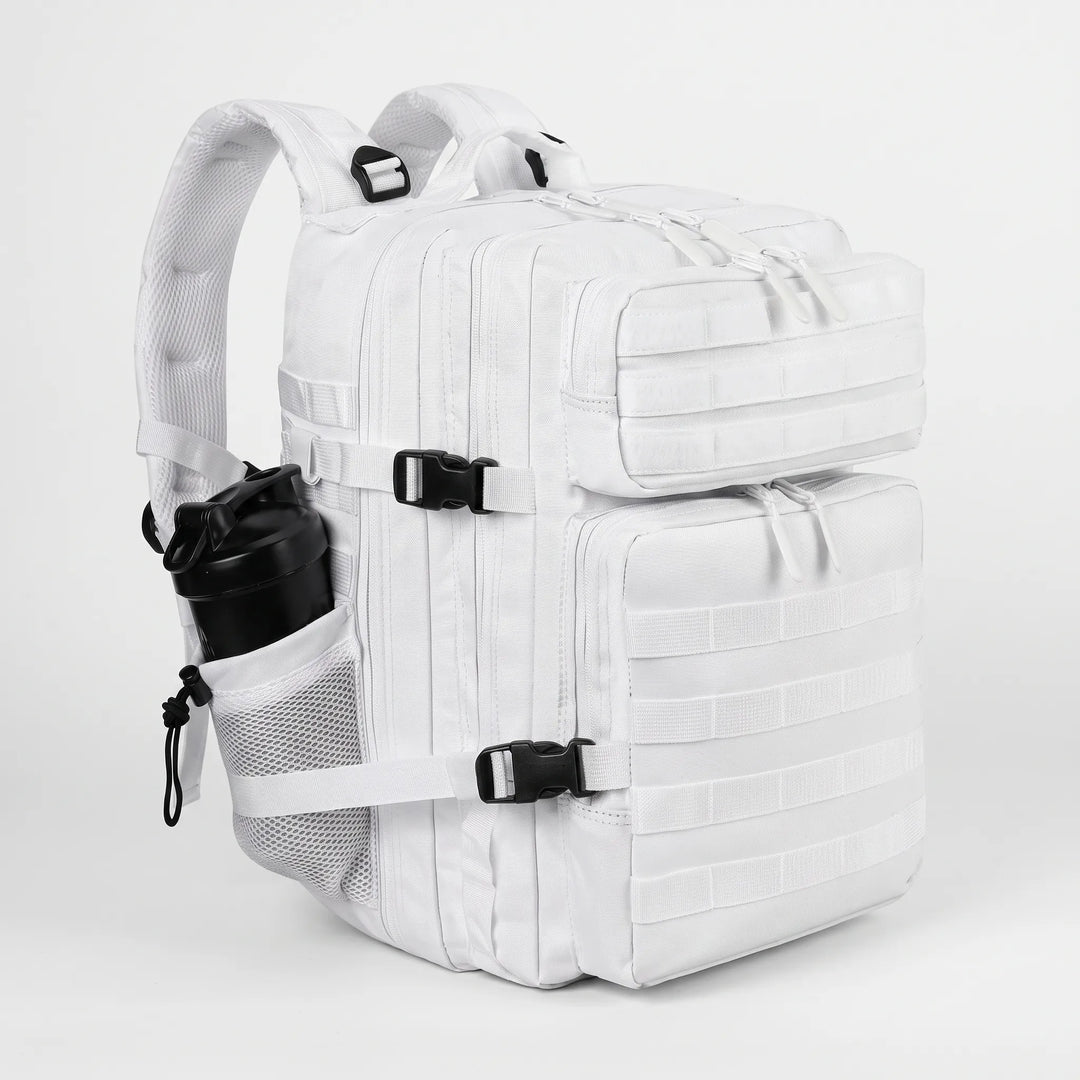Durable, water-resistant fabric of a men's tactical hiking backpack, built for rugged outdoor and camping adventures.
