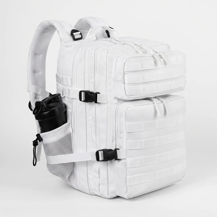 Durable, water-resistant fabric of a men's tactical hiking backpack, built for rugged outdoor and camping adventures.