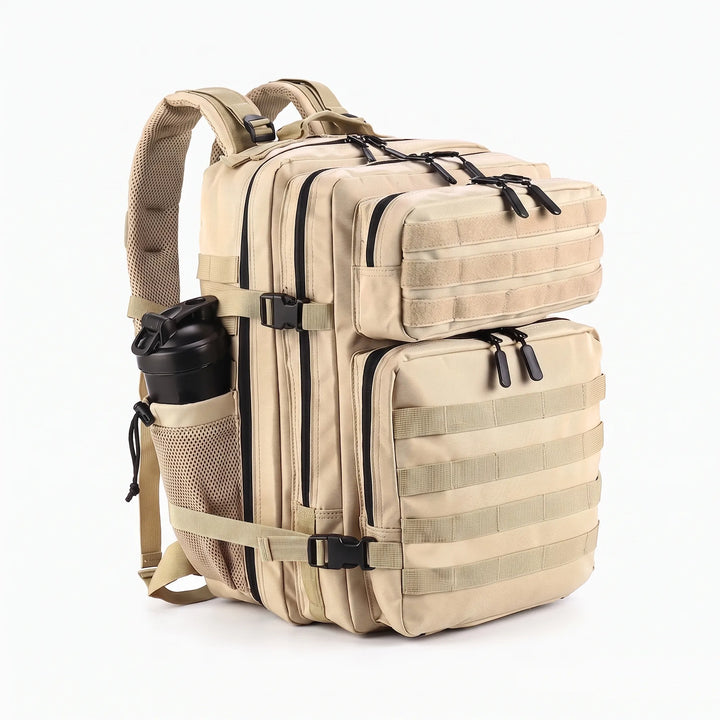 Heavy-duty zippers & buckles on a men's tactical backpack, ensuring secure closure for all hiking and camping gear.