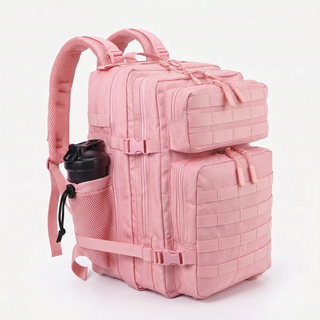 Men's tactical hiking backpack on a trail, perfect for outdoor adventures, carrying all essential camping gear.