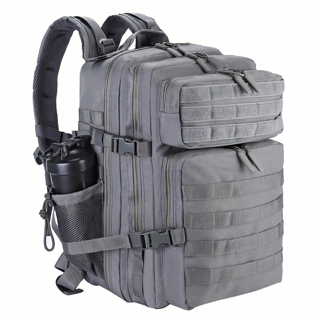 Men's tactical backpack at a campsite, ready for camping gear. Ideal for outdoor and travel adventures.