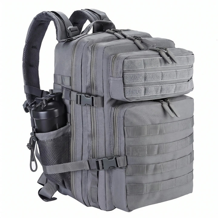 Men's tactical backpack at a campsite, ready for camping gear. Ideal for outdoor and travel adventures.