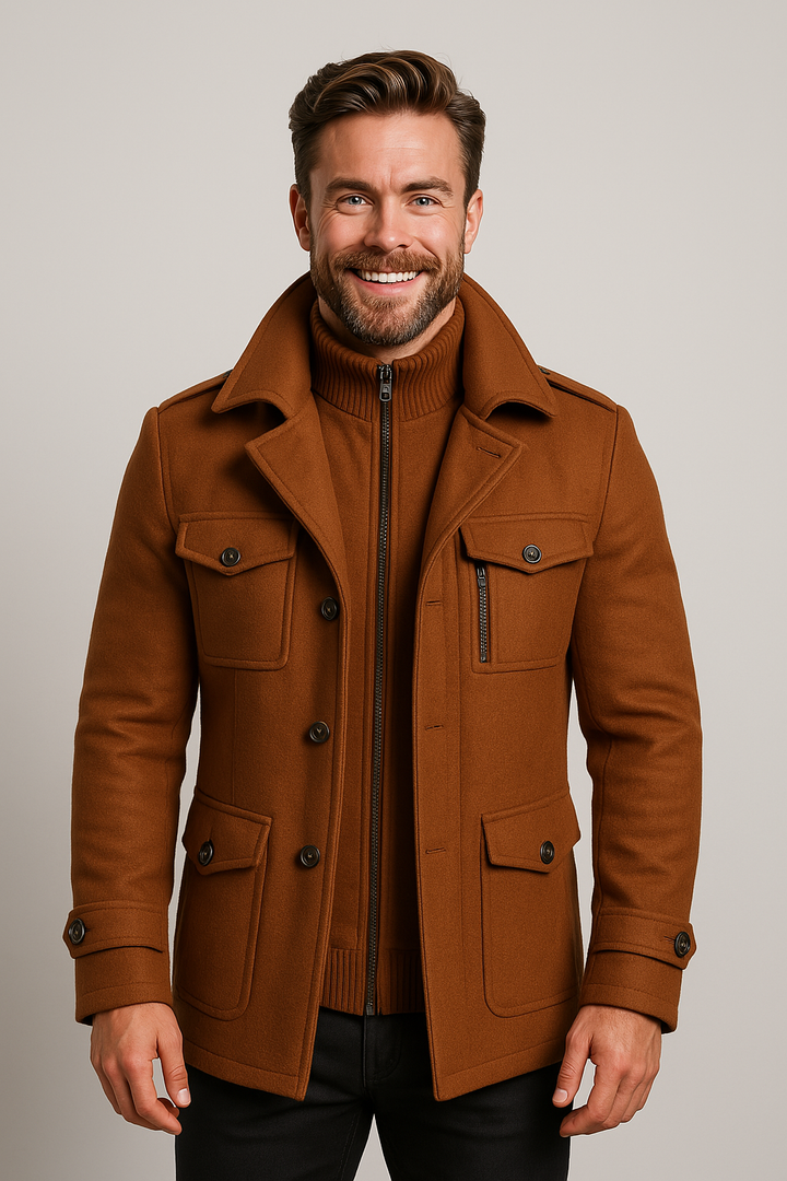 Classic brown men's tailored military jacket, offering a sophisticated and timeless outerwear.