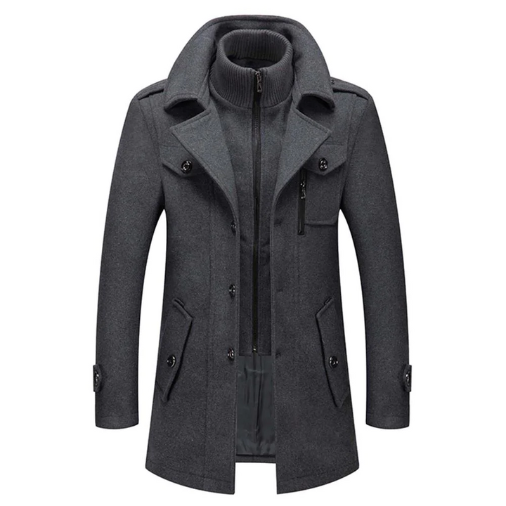 Distinguished men's tailored military jacket, a modern outerwear piece for formal occasions.