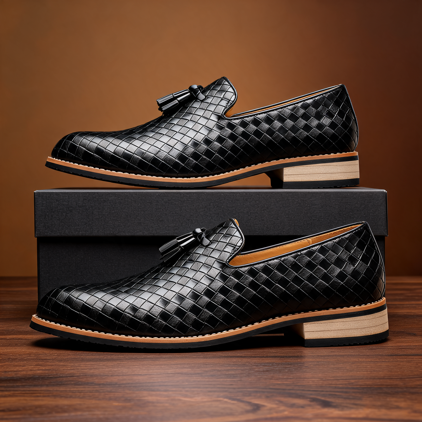 Elegant men's black tassel loafers, pointed toe slip-on shoes that combine casual footwear comfort with formal appeal.