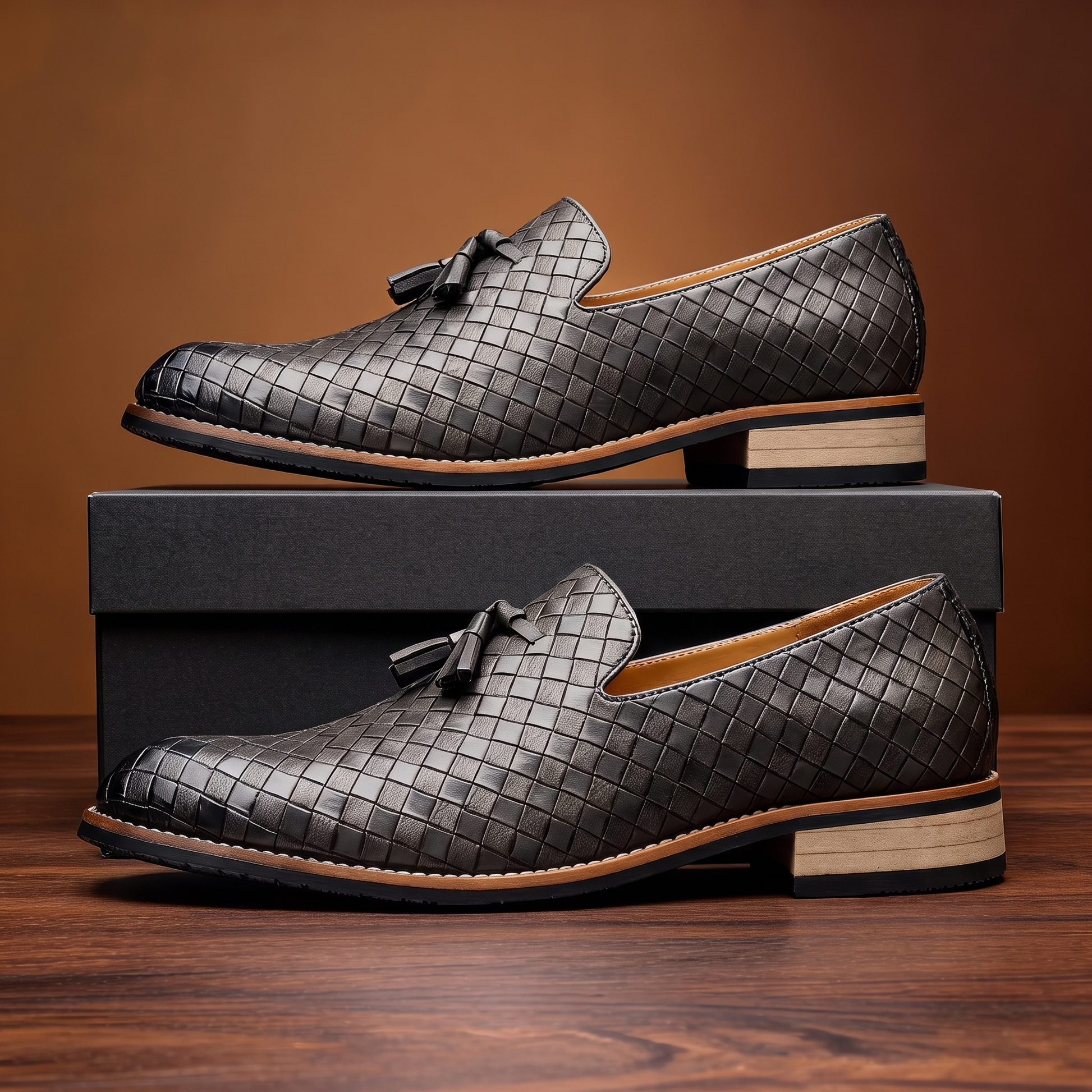 Men's fashion: Sophisticated black tassel loafers, pointed toe slip-on dress shoes with premium craftsmanship.