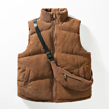 Men's black thermal alpine vest for cold weather layering, a sleeveless jacket with a practical included crossbody bag.