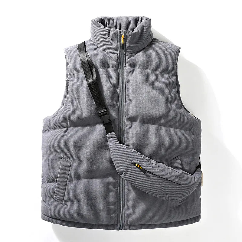 Stylish men's winter thermal vest, ideal outerwear for cold, featuring a convenient detachable crossbody bag for essentials.