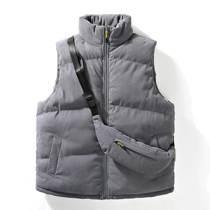 Stylish men's winter thermal vest, ideal outerwear for cold, featuring a convenient detachable crossbody bag for essentials.