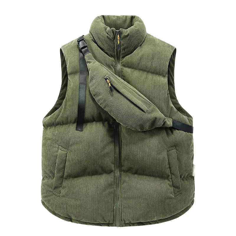 Rugged men's thermal alpine vest, perfect for cold weather outdoor activities, complete with an integrated crossbody bag.