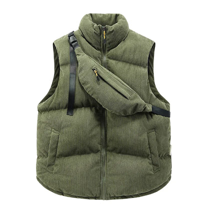 Rugged men's thermal alpine vest, perfect for cold weather outdoor activities, complete with an integrated crossbody bag.