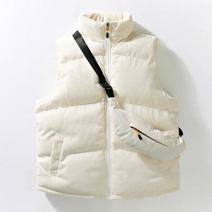 Men's fashionable thermal vest in navy, a versatile layering piece for winter, paired with a trendy functional crossbody bag.