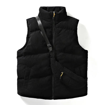 Warm men's insulated sleeveless alpine vest in gray, designed for cold weather, includes a matching utility crossbody bag.