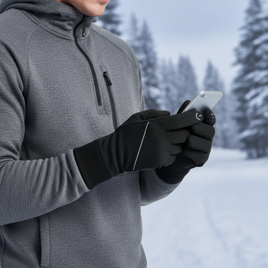 Men's black touchscreen winter gloves, insulated & windproof for cold weather outdoor activities. Stay warm & connected.