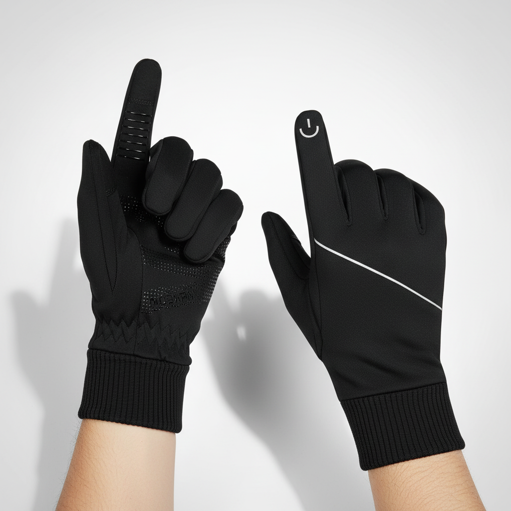 Sleek black men's winter gloves, featuring touchscreen capability for phones. Insulated, warm & windproof for active use.