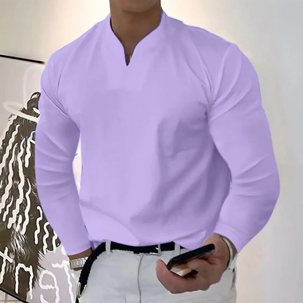 Close-up of V-neck on men's sweatproof shirt, showcasing comfortable fit, casual pullover style & moisture-wicking.