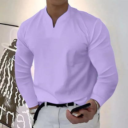 Close-up of V-neck on men's sweatproof shirt, showcasing comfortable fit, casual pullover style & moisture-wicking.