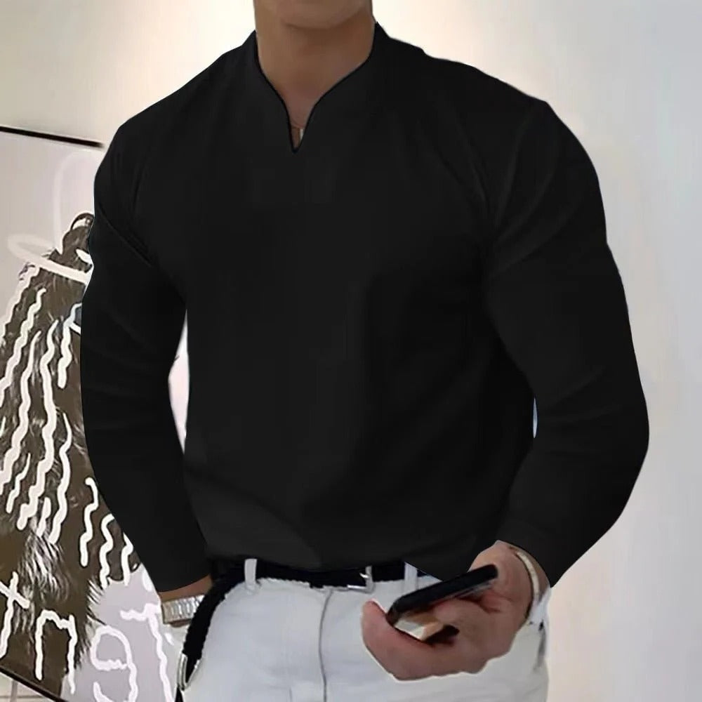 Close-up of breathable fabric on men's V-neck sweatproof pullover shirt, perfect for activewear & summer.