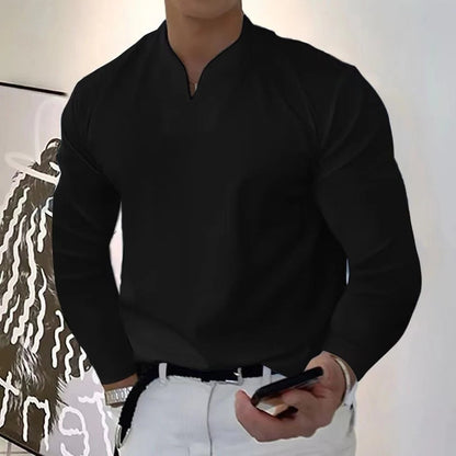Close-up of breathable fabric on men's V-neck sweatproof pullover shirt, perfect for activewear & summer.
