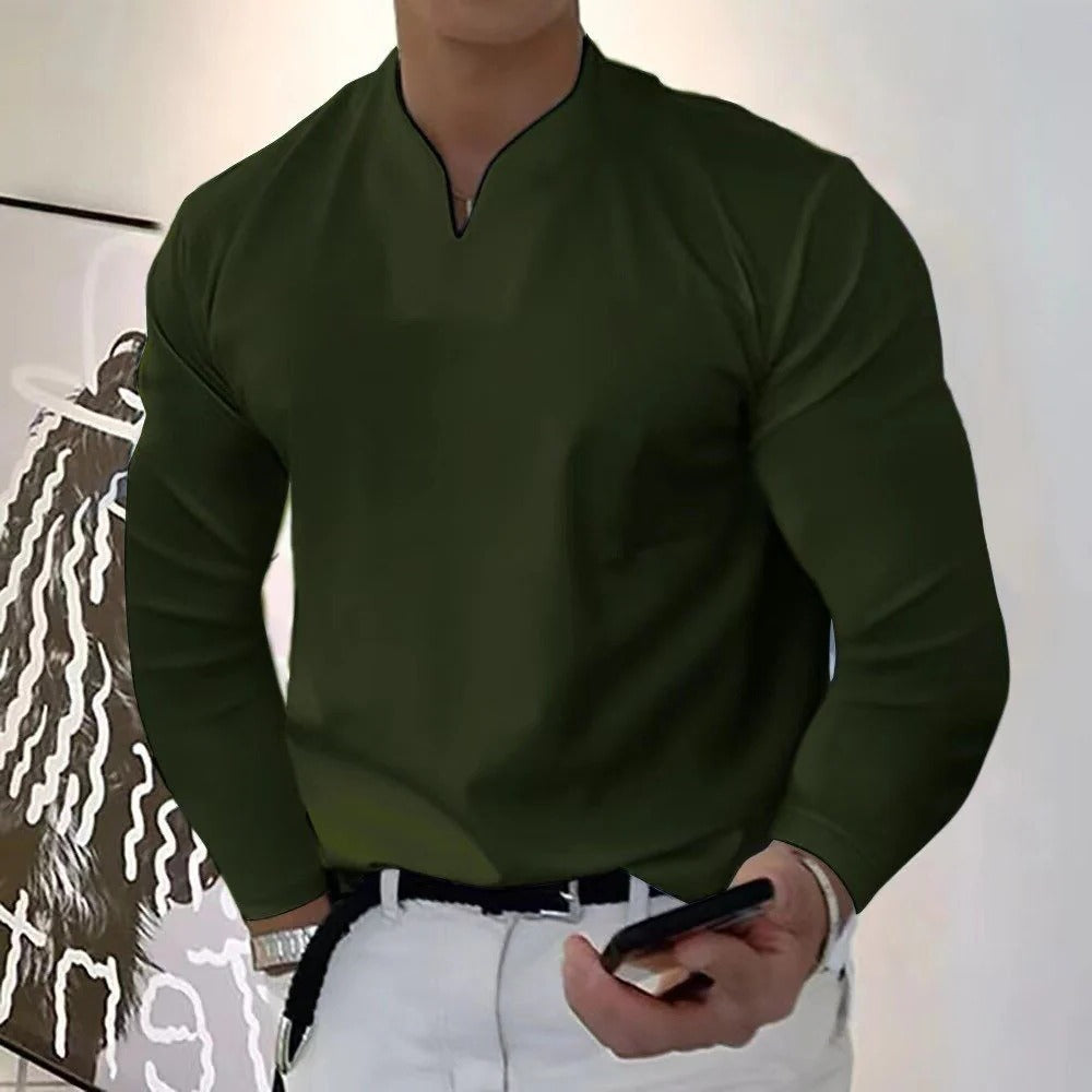Active man in white V-neck sweatproof shirt, designed for superior moisture control, comfort & summer activewear.