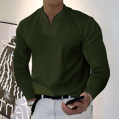 Active man in white V-neck sweatproof shirt, designed for superior moisture control, comfort & summer activewear.