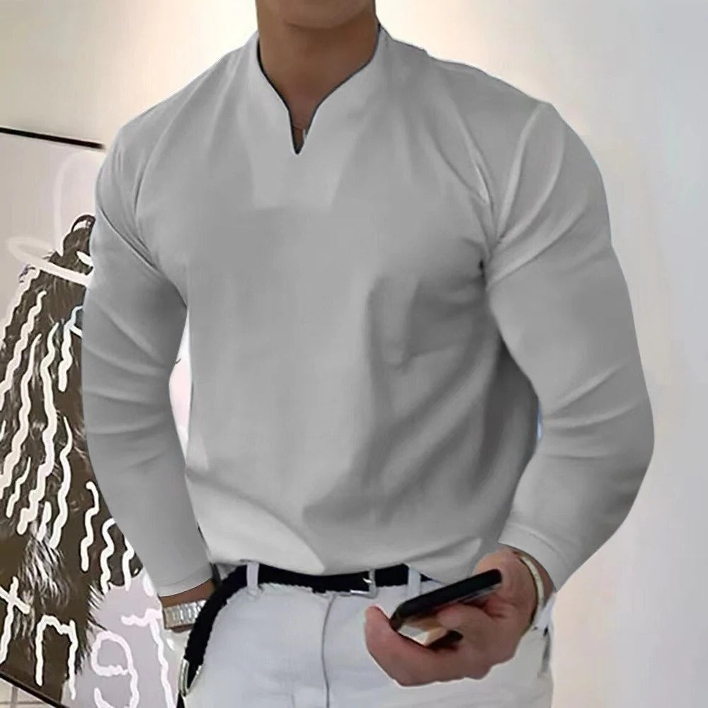 Side view of men's navy V-neck sweatproof shirt, pullover style offering comfort, moisture-wicking & everyday wear.