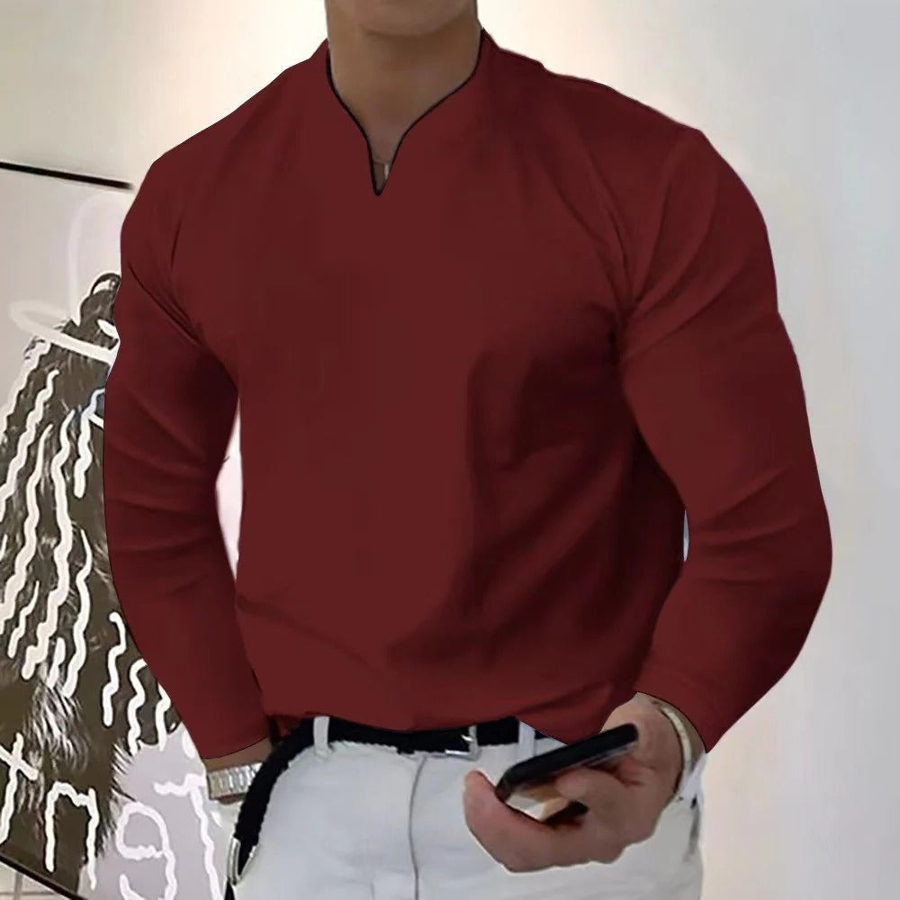 Back of men's V-neck sweatproof shirt, showing clean, stylish design for ultimate comfort, dry wear & casual style.