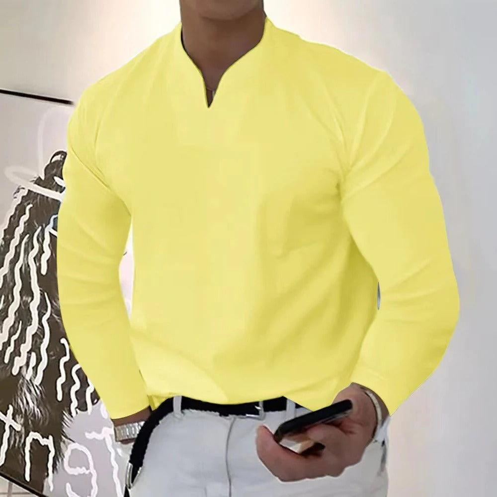 Neatly folded men's V-neck sweatproof shirt in heather grey, ready for comfortable, stylish everyday & summer wear.