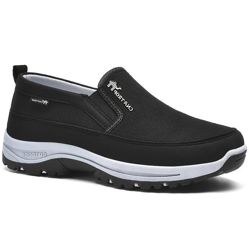 Men's black waterproof orthopedic shoes, offering elegant style with ultimate comfort and arch support for all-weather wear.