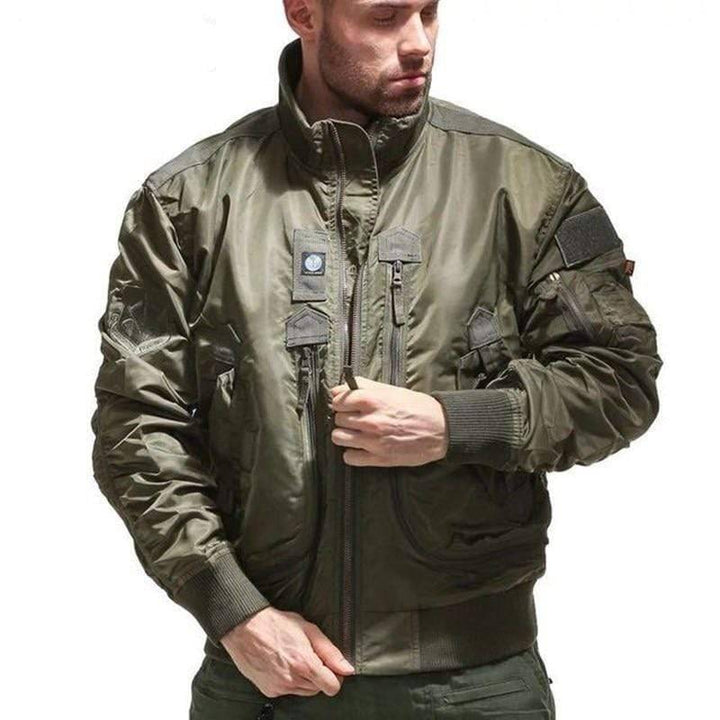 Men's black waterproof windproof bomber jacket for hiking & outdoor activities, front view.
