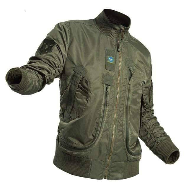 Side view of men's durable outdoor bomber jacket, perfect for winter hiking and wet weather.