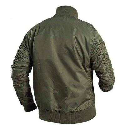 Close-up of the waterproof fabric on a men's windproof bomber jacket, suitable for all outdoor adventures.
