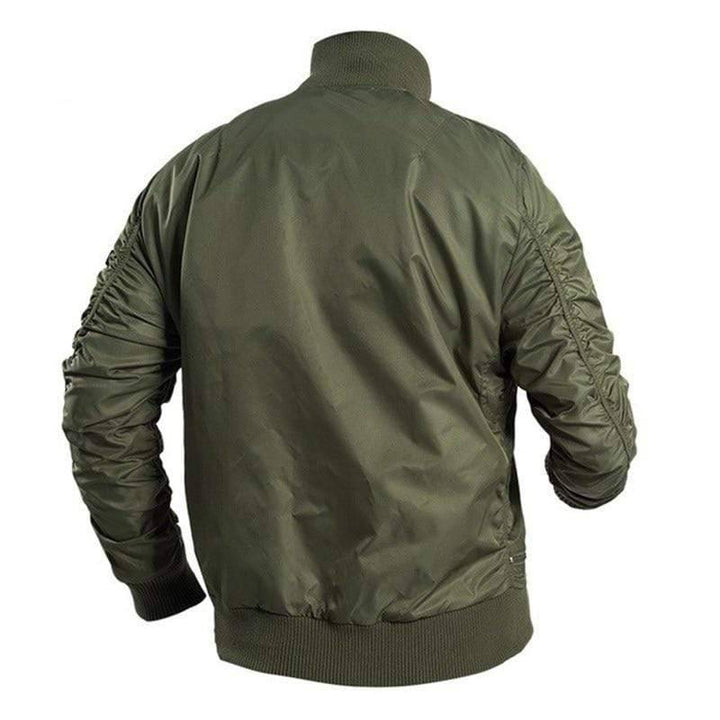 Close-up of the waterproof fabric on a men's windproof bomber jacket, suitable for all outdoor adventures.