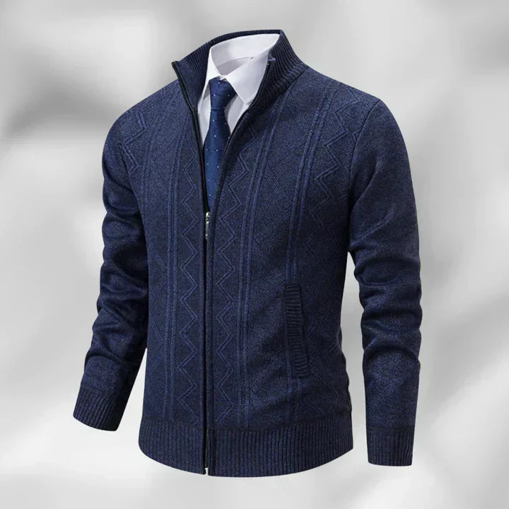 Men's black zip-up cardigan with stand collar, perfect for business casual and smart layering in autumn.
