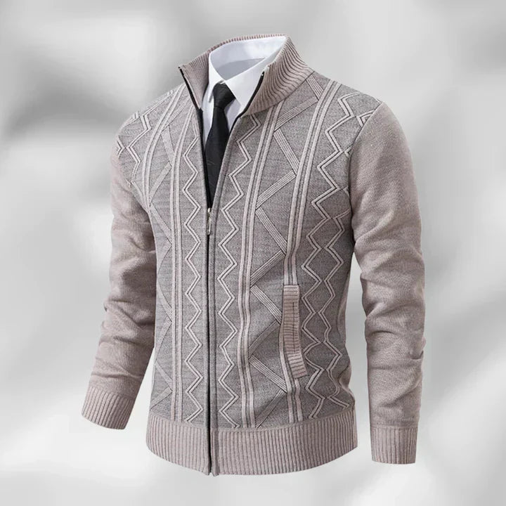 Tailored fit men's zip-up cardigan in grey, ideal for versatile business casual or everyday winter layering.