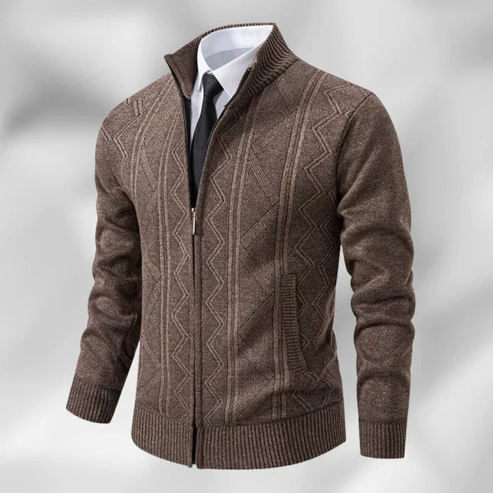 Close-up of a stylish men's navy zip-up cardigan with a prominent stand collar, great for autumn warmth.
