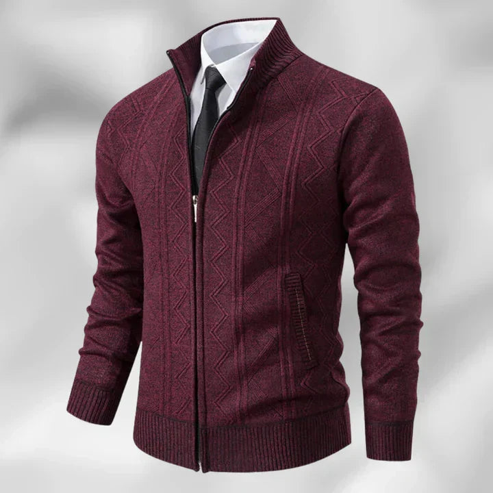 Full shot of a man wearing a smart men's zip-up stand collar cardigan, styled for business casual fashion.