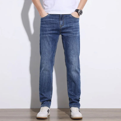 Classic blue men's stretch denim jeans, durable & comfortable, perfect for versatile everyday style.