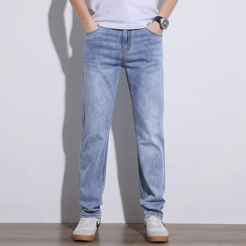 Comfortable men's blue stretch core denim jeans, classic and durable for all-day casual wear.