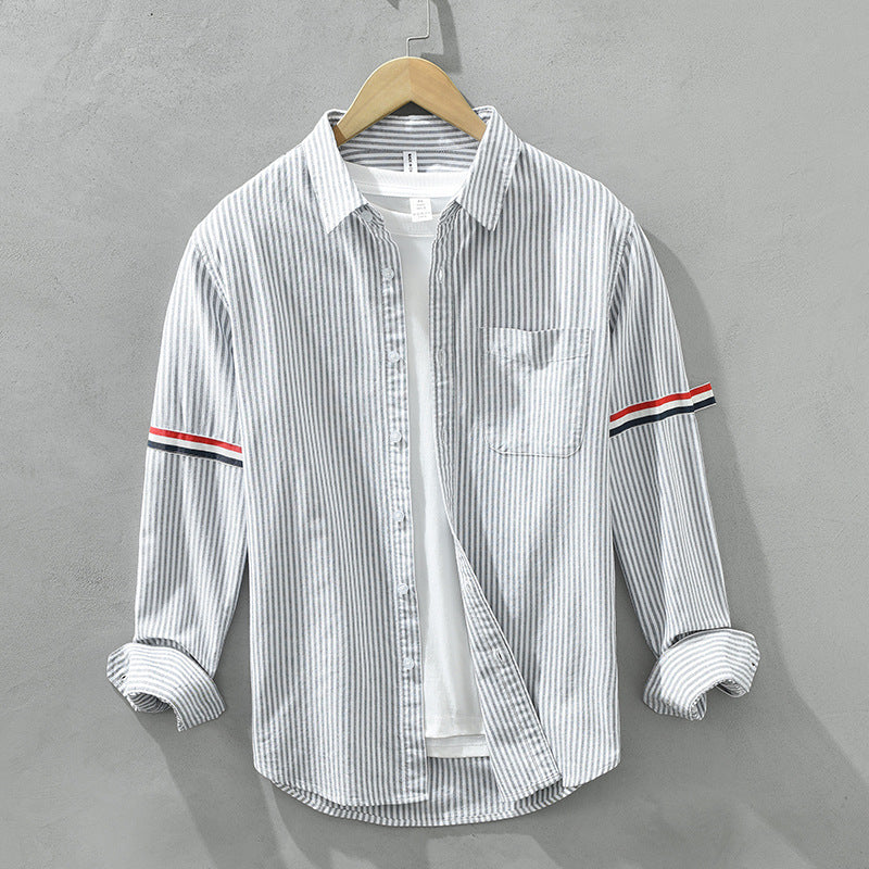Stylish men's gray striped casual shirt. Lightweight button-up for versatile wear & comfortable summer fashion.