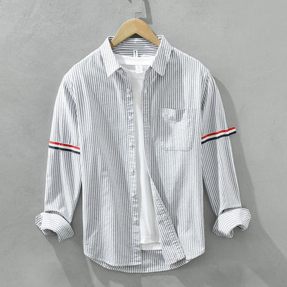 Stylish men's gray striped casual shirt. Lightweight button-up for versatile wear & comfortable summer fashion.
