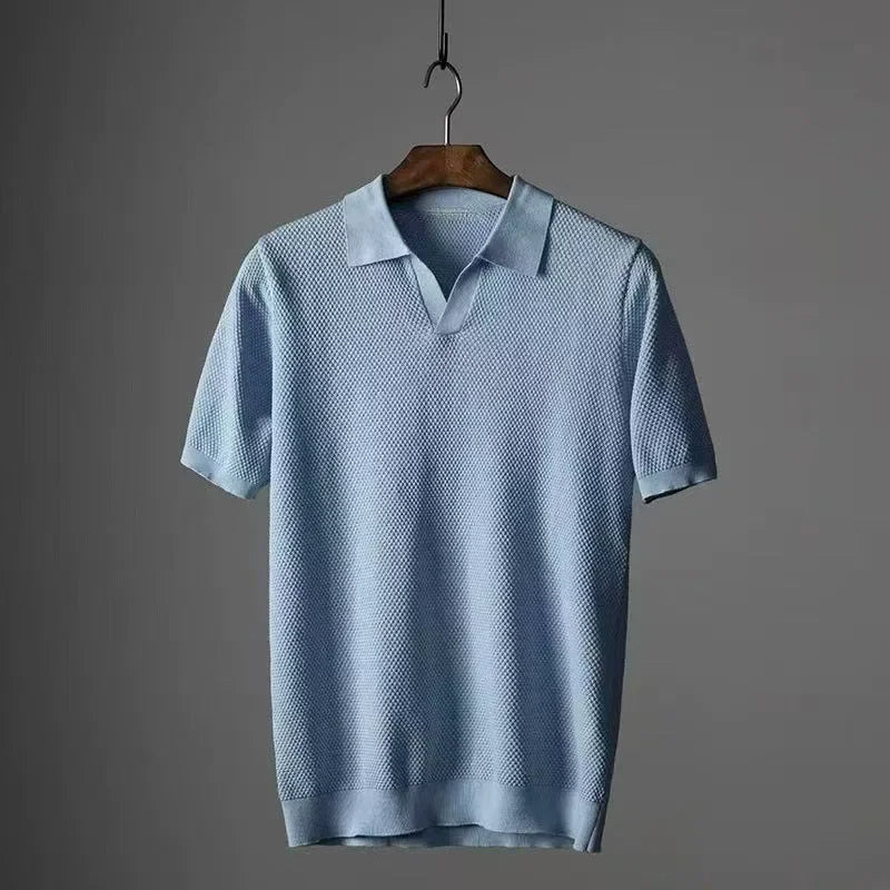 Elevated men's waffle knit polo, perfect blend of casual wear and modern sophistication.