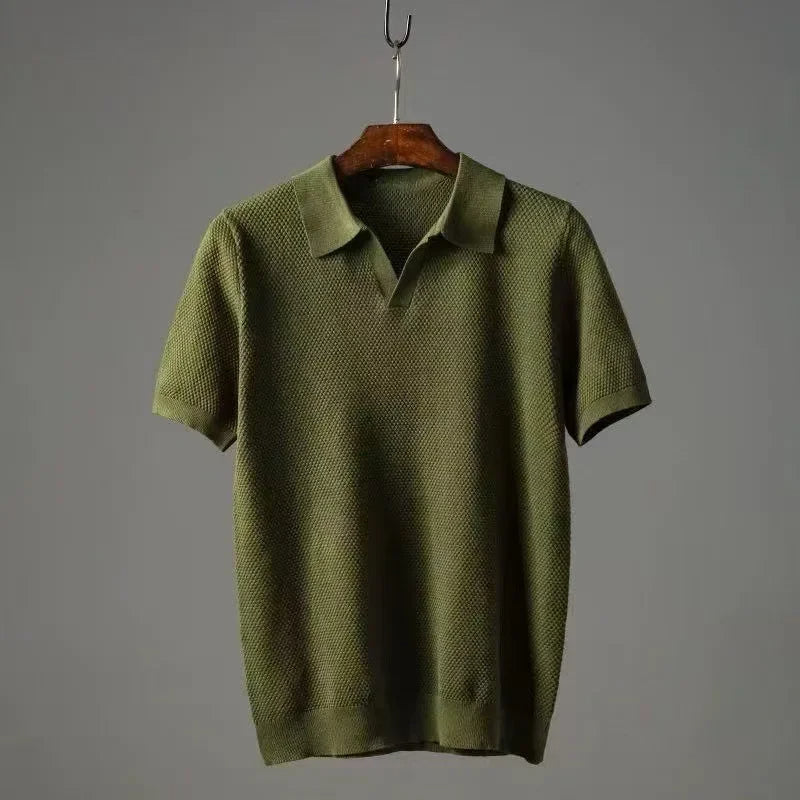 Stylish grey men's waffle knit polo shirt, ideal for casual summer & fall fashion.
